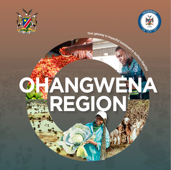 The Ohangwena Investor Map. Your gateway to impactful investment in Northern
                Namibia: tomato traders at market, a technician at work, floodplain farmland,
                a farmer carrying cabbages, and goats at a livestock post.