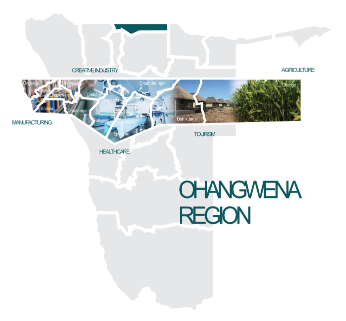 Map of Namibia locating the Ohangwena Region in the far north, with the five
                priority sectors marked across the region: manufacturing, creative industry,
                healthcare, tourism and agriculture.